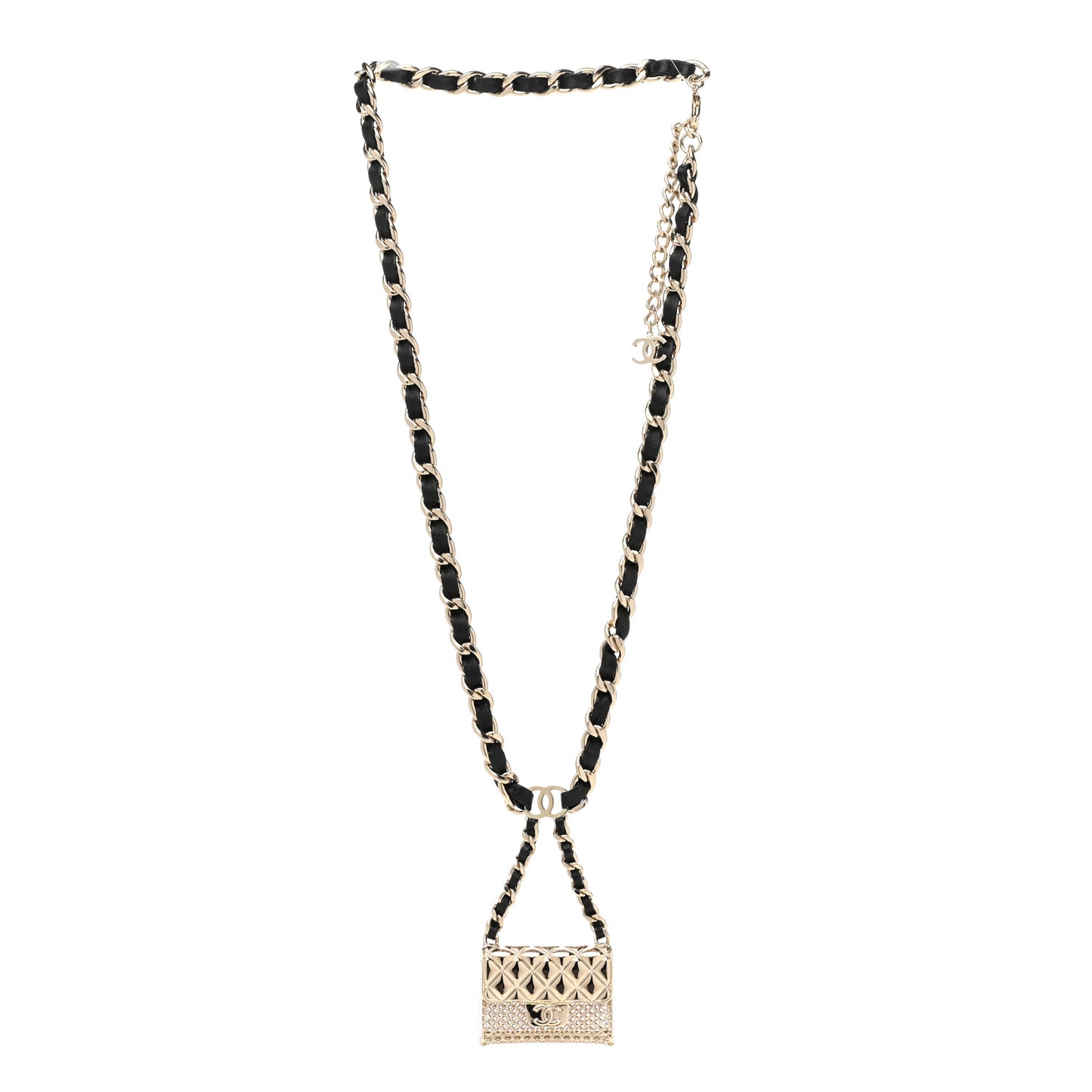 Metal Lambskin Pearl Chain Flap Bag Long Necklace Gold Black Pearly White