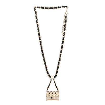 Chanel Metal Lambskin Pearl Chain Flap Bag Long Necklace Gold Black Pearly White 3 of 7