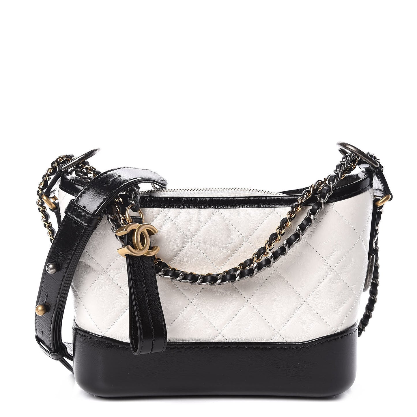 Aged Calfskin Quilted Small Gabrielle Hobo Black White
