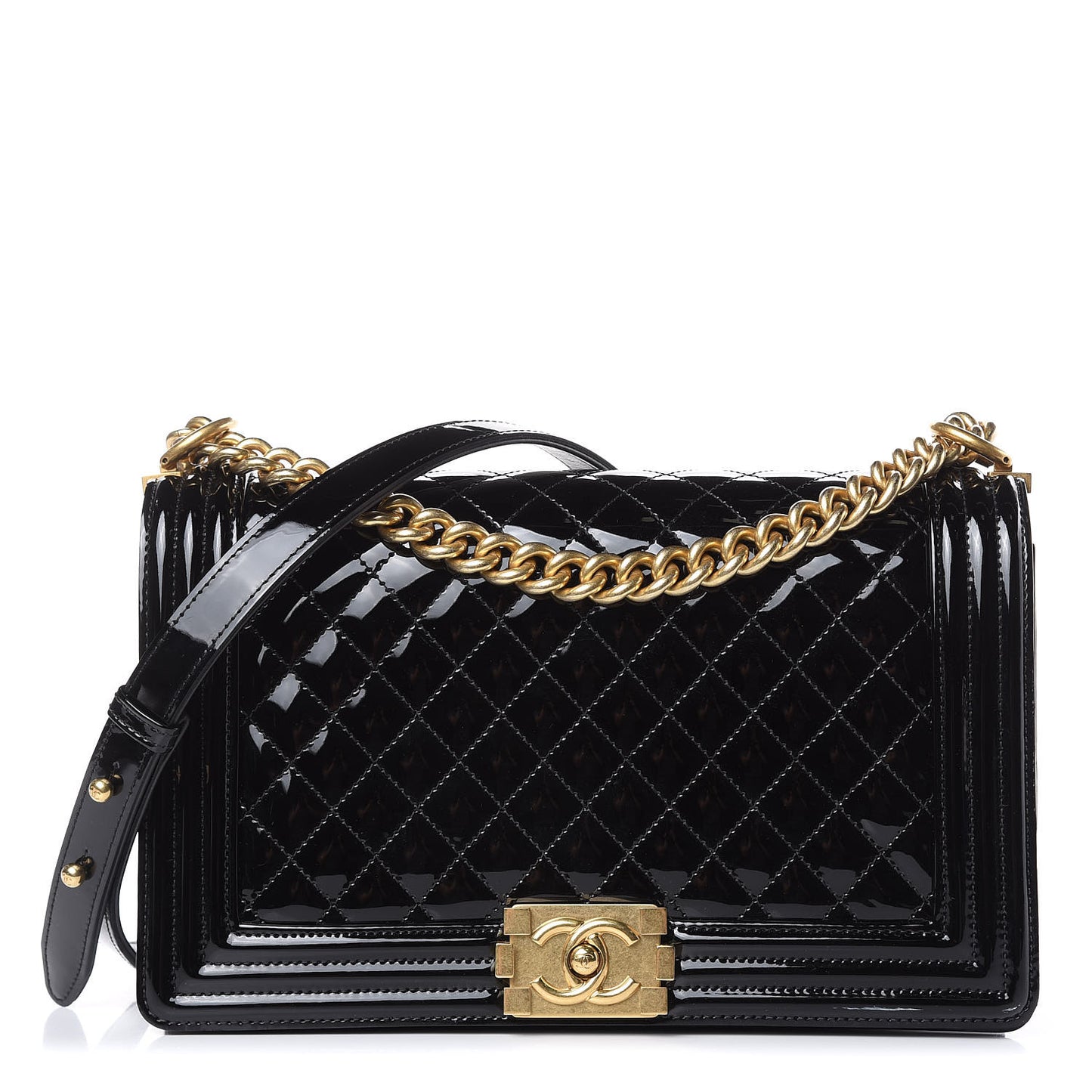 Patent Calfskin Quilted New Medium Boy Flap Black