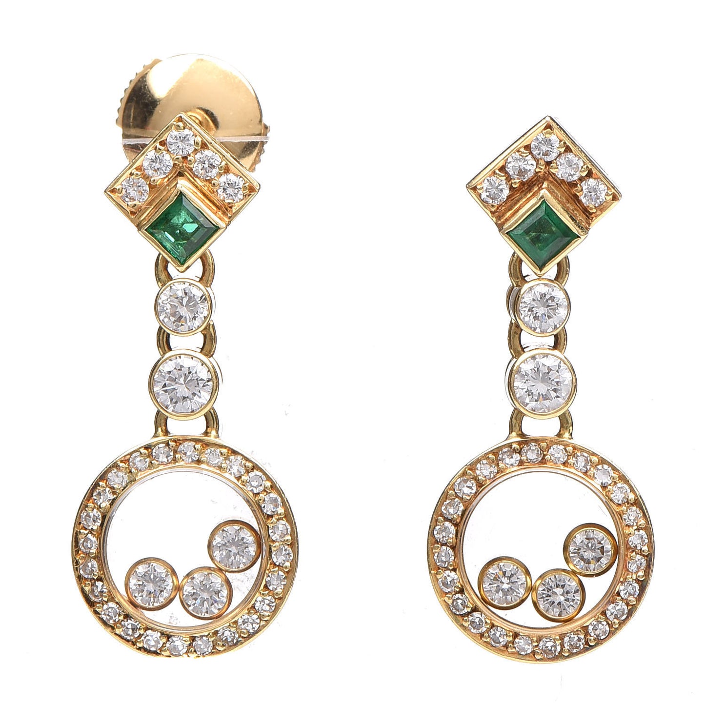 18K Yellow Gold Diamond Emerald Happy Diamonds Earrings