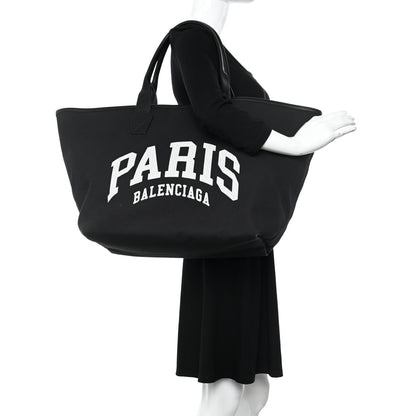 Balenciaga Cotton Canvas Calfskin Cities Paris Jumbo Large Tote Bag Black White 2 of 12