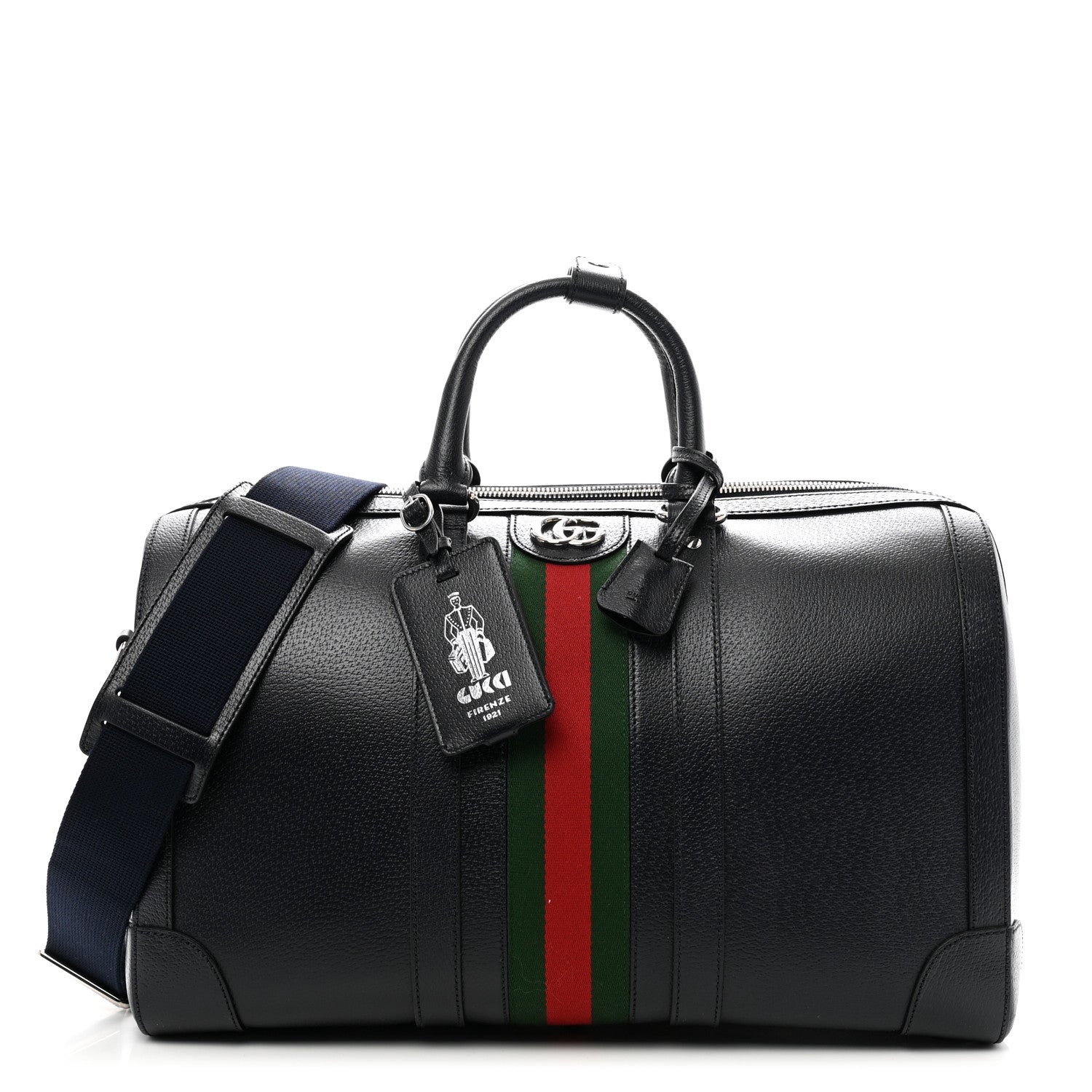 Gucci Textured Dollar Calfskin Web Medium Savoy Duffle Bag Blue 1 of 10