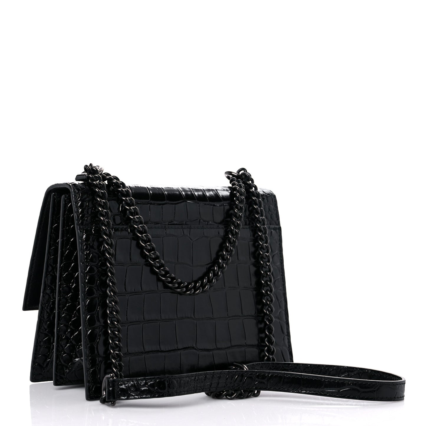 Shiny Calfskin Monochrome Crocodile Embossed S Sharp Chain Shoulder Bag Black
