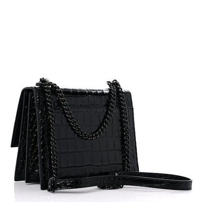 Balenciaga Shiny Calfskin Monochrome Crocodile Embossed S Sharp Chain Shoulder Bag Black 3 of 8