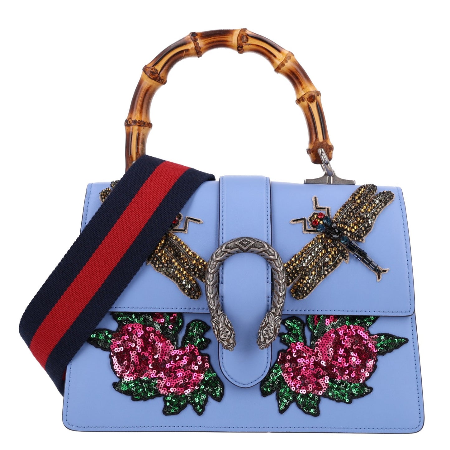 Calfskin Bamboo Web Embroidered Medium Dionysus Top Handle Bag Light Blue