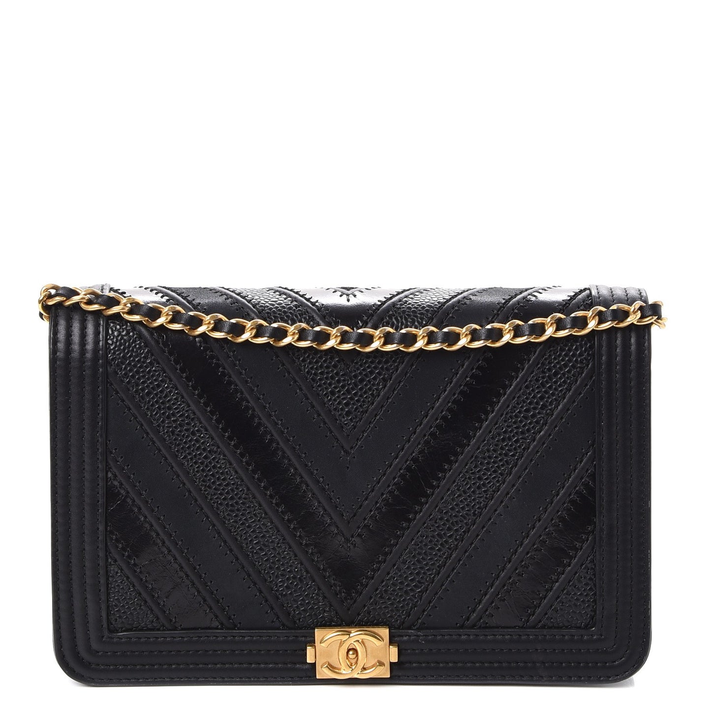 Calfskin Caviar Chevron Quilted Mixed Boy Wallet On Chain WOC Black