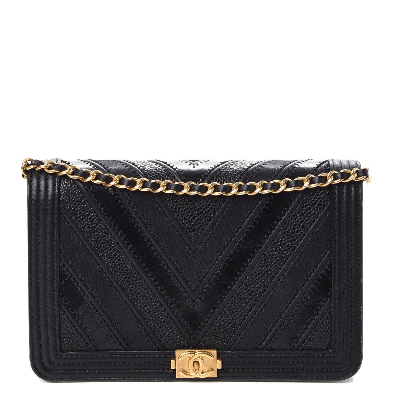 Chanel Calfskin Caviar Chevron Quilted Mixed Boy Wallet On Chain WOC Black 1 of 10