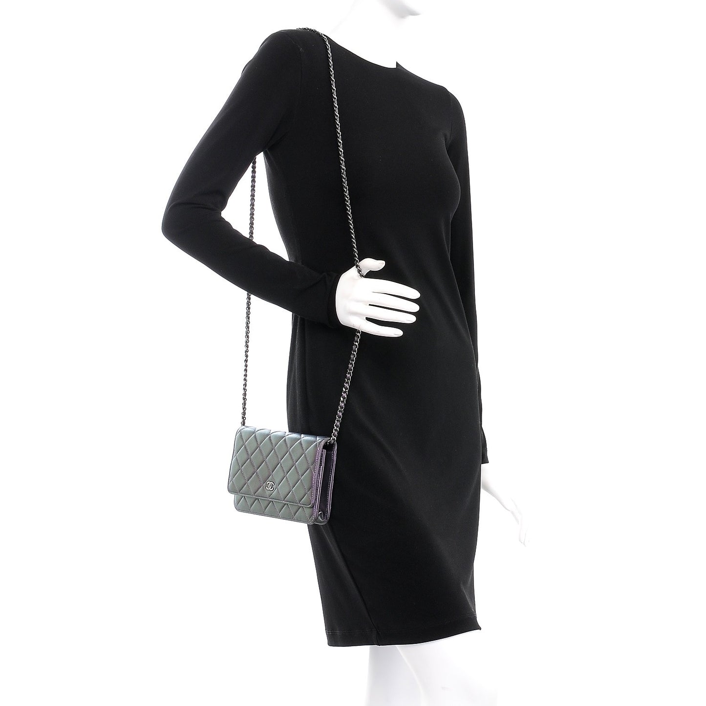 Iridescent Lambskin Quilted Wallet On Chain WOC Dark Purple