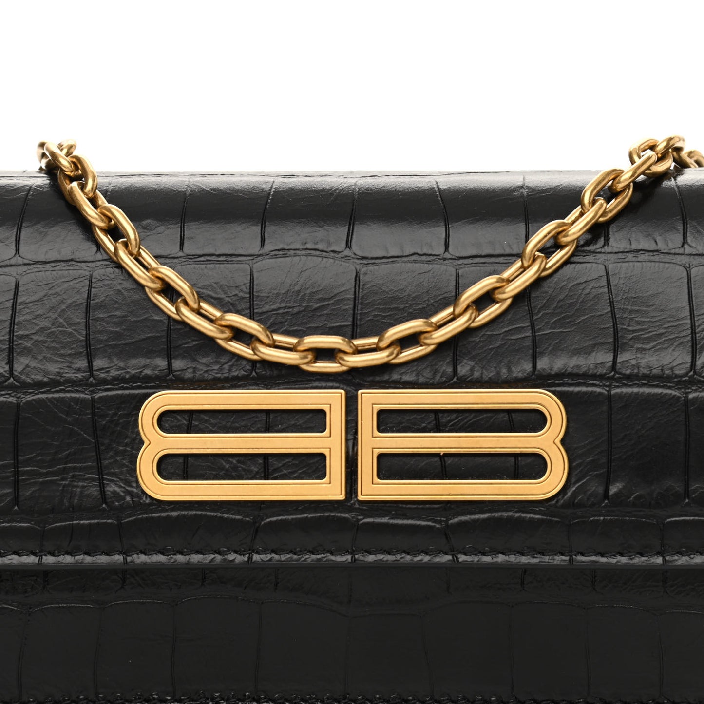 Extra Supple Calfskin Crocodile Embossed Gossip Wallet On Chain Black
