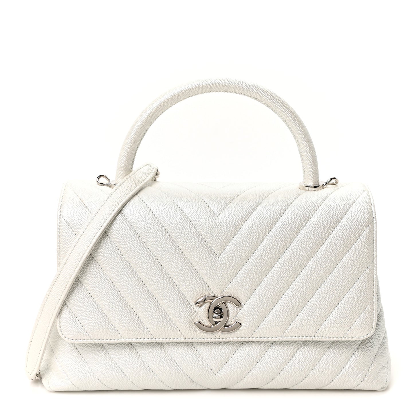 Iridescent Caviar Chevron Quilted Small Coco Handle Flap White