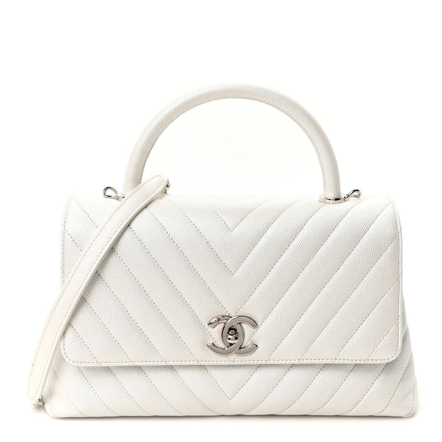 Chanel Iridescent Caviar Chevron Quilted Small Coco Handle Flap White 1 of 10