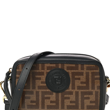 Fendi Glazed Fabric Vitello Century FF 1974 Stamp Patch Mini Camera Case Mogano Panna Black 9 of 11