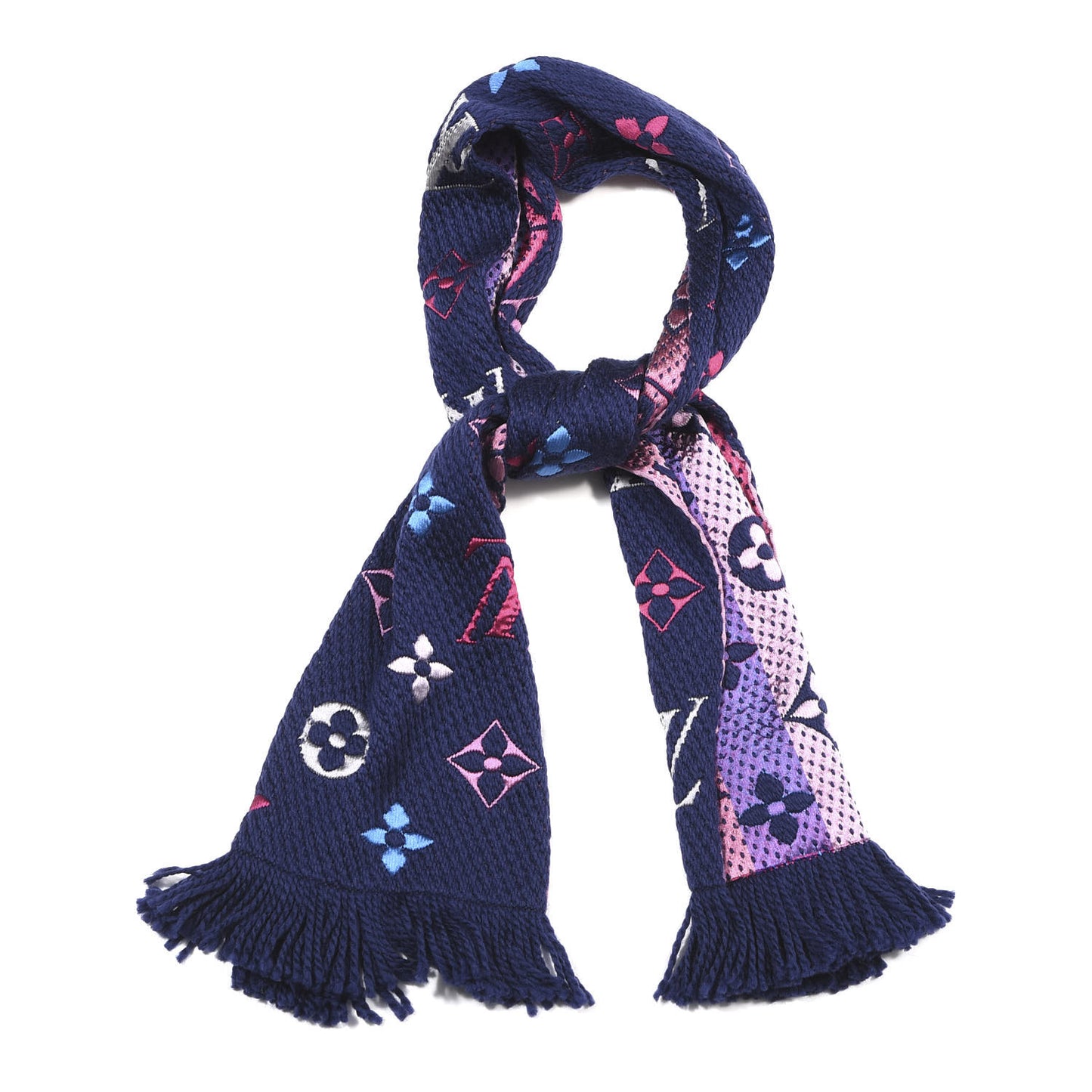 Wool Silk Rainbow Logomania Scarf Navy
