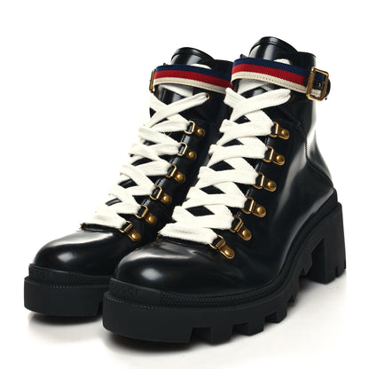 Gucci Calfskin Sylvie Web Womens Lace Up Combat Boots 39.5 Black 3 of 9