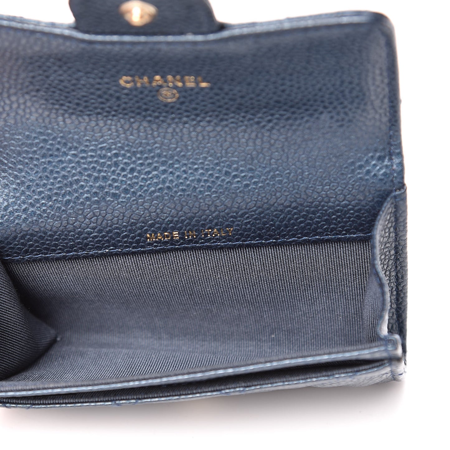 Metallic Caviar Quilted Flap Card Holder Dark Blue