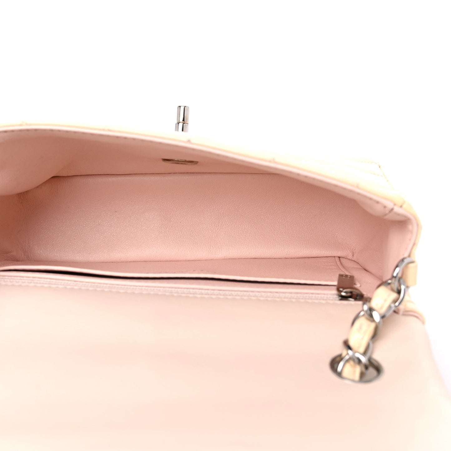Patent Calfskin Quilted Mini Rectangular Flap Beige