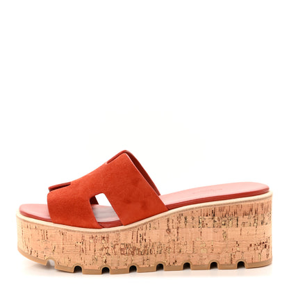 Hermes Suede Goatskin Cork Eze 30 Sandals 39 Orange Brulee 1 of 9