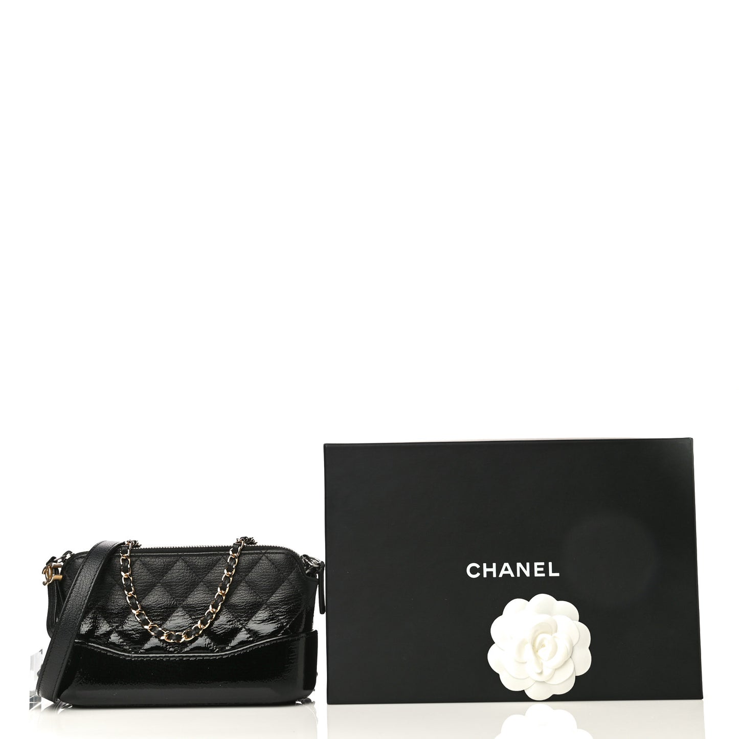 Patent Goatskin Quilted Small Gabrielle Clutch With Chain Black