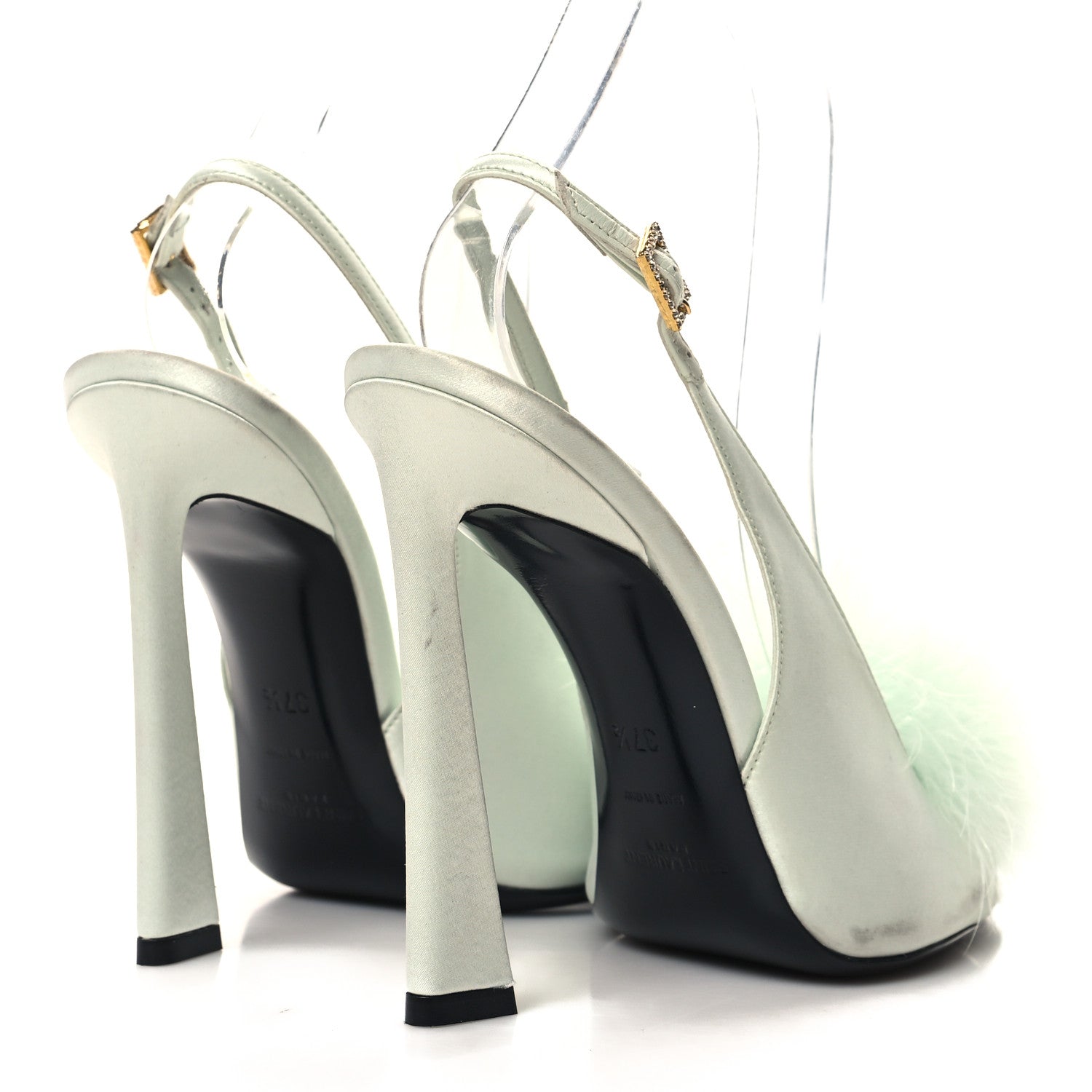 Saint Laurent Crepe Satin Blanco Feathered Sandals 37.5 Slight 37.5 Green 4 of 10