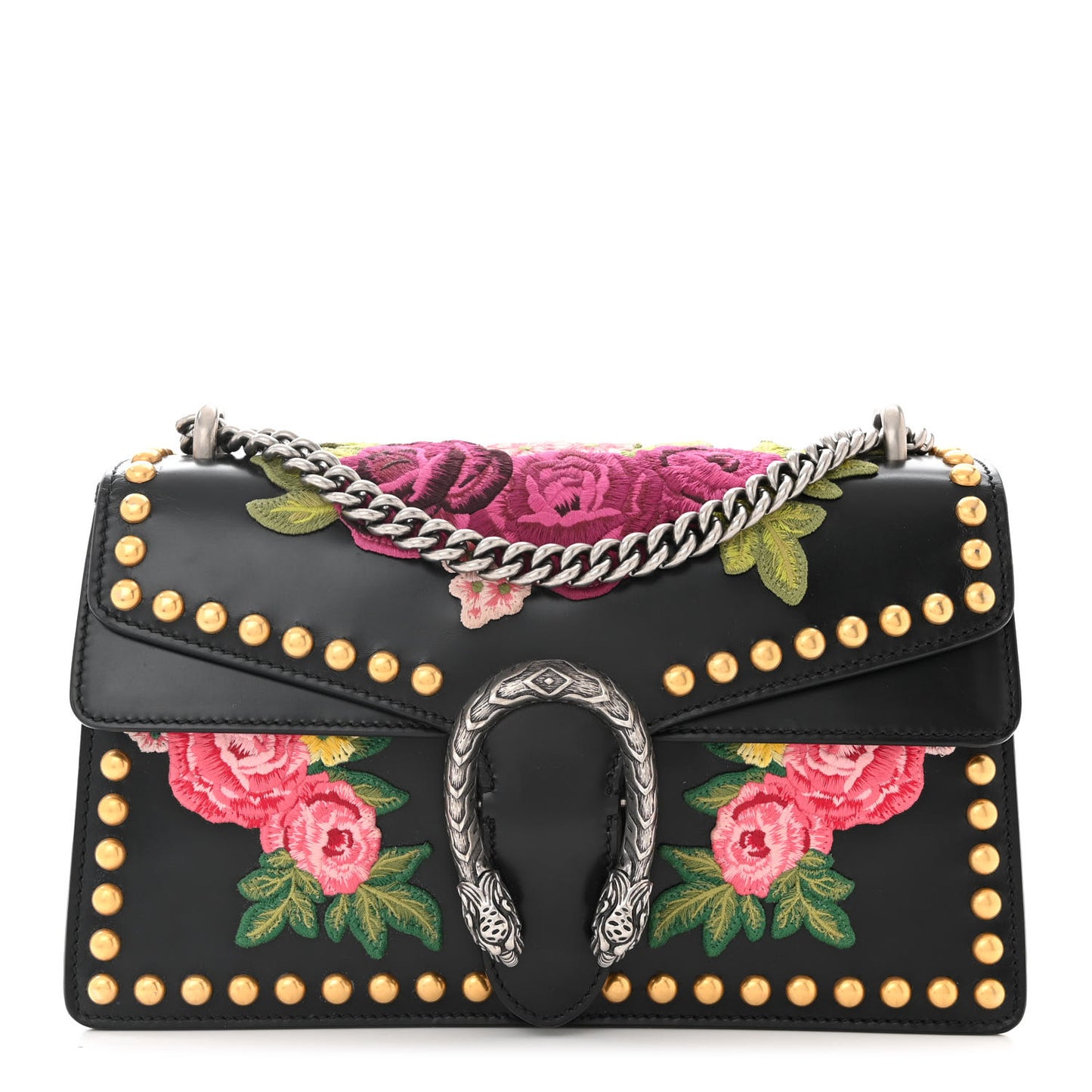 Calfskin Floral Embroidered Studded Small Dionysus Shoulder Bag Black