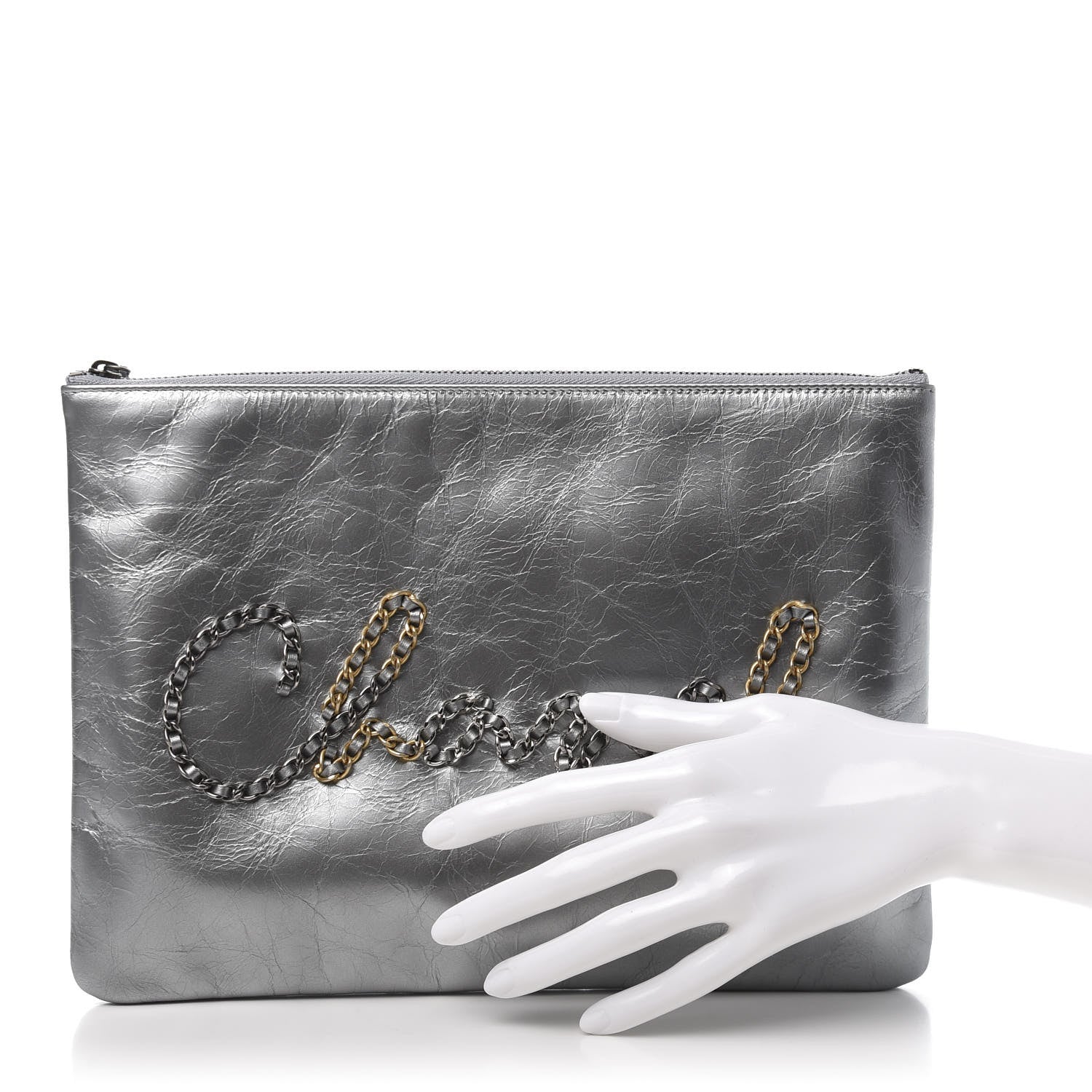 Chanel Metallic Crumpled Calfskin Chain 20s Signature Pouch Silver 2 of 10