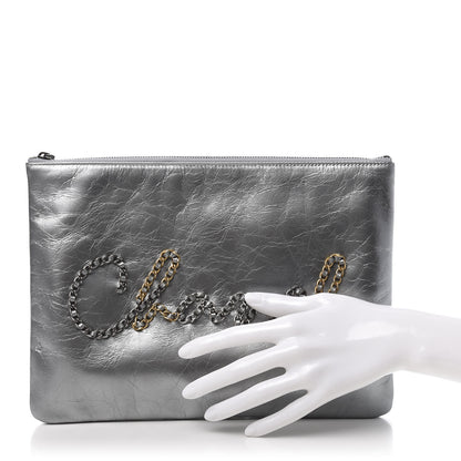 Chanel Metallic Crumpled Calfskin Chain 20s Signature Pouch Silver 2 of 10