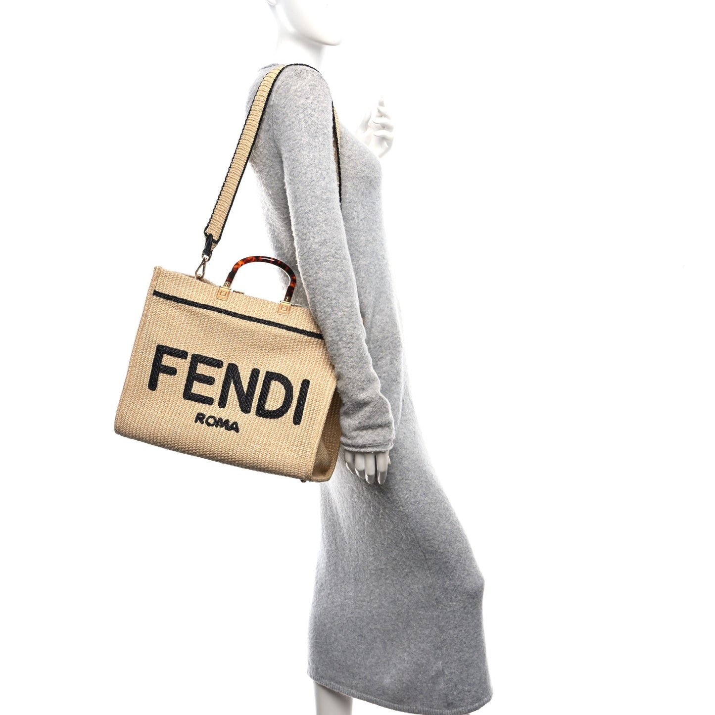 Straw Vitello King Plexiglass Woven Medium Fendi Sunshine Shopper Tote Natural Black
