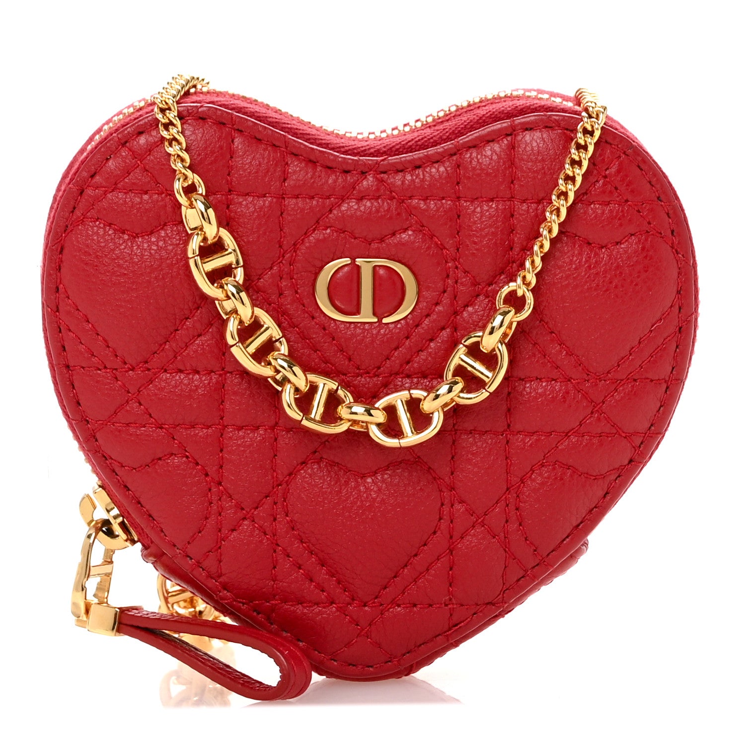 Christian Dior Calfskin Cannage Dioramour Caro Heart Pouch With Chain Bright Red 1 of 11