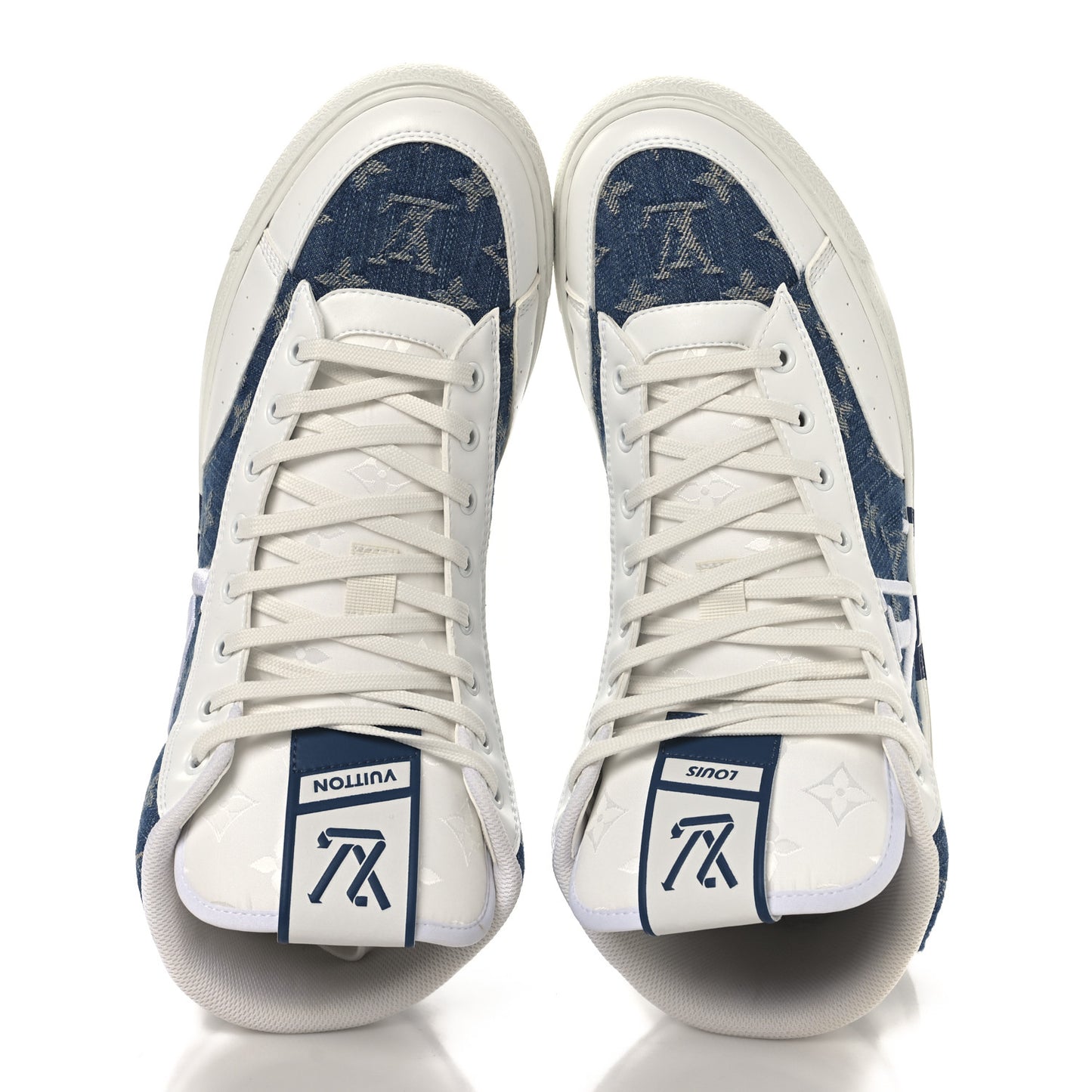 Calfskin Monogram Denim Mens Charlie High Top Sneakers 9 White Blue
