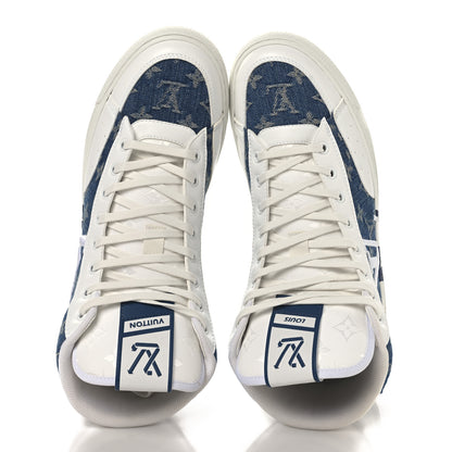 Louis Vuitton Calfskin Monogram Denim Mens Charlie High Top Sneakers 9 White Blue 2 of 9