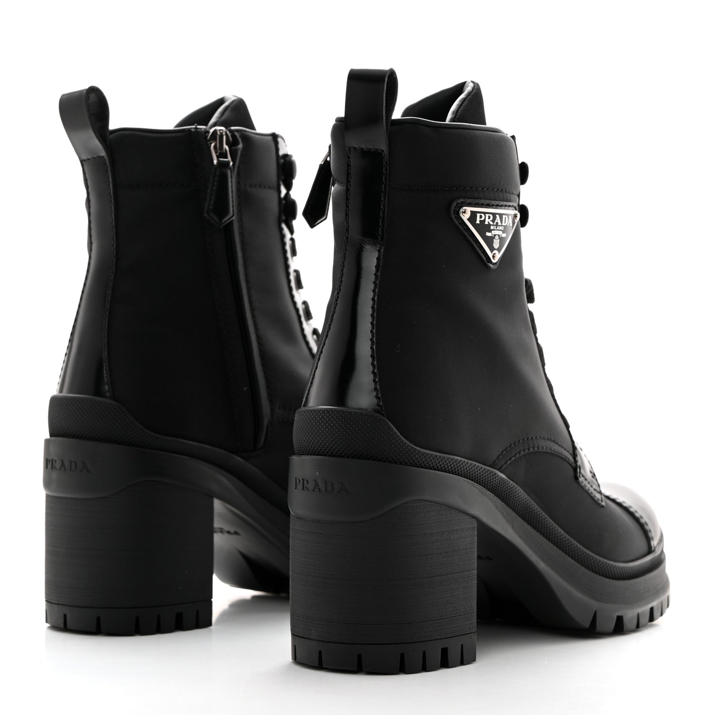 Spazzolato Re-Nylon Metal Triangle Logo Lace Up 55mm Ankle Boots 37 Black