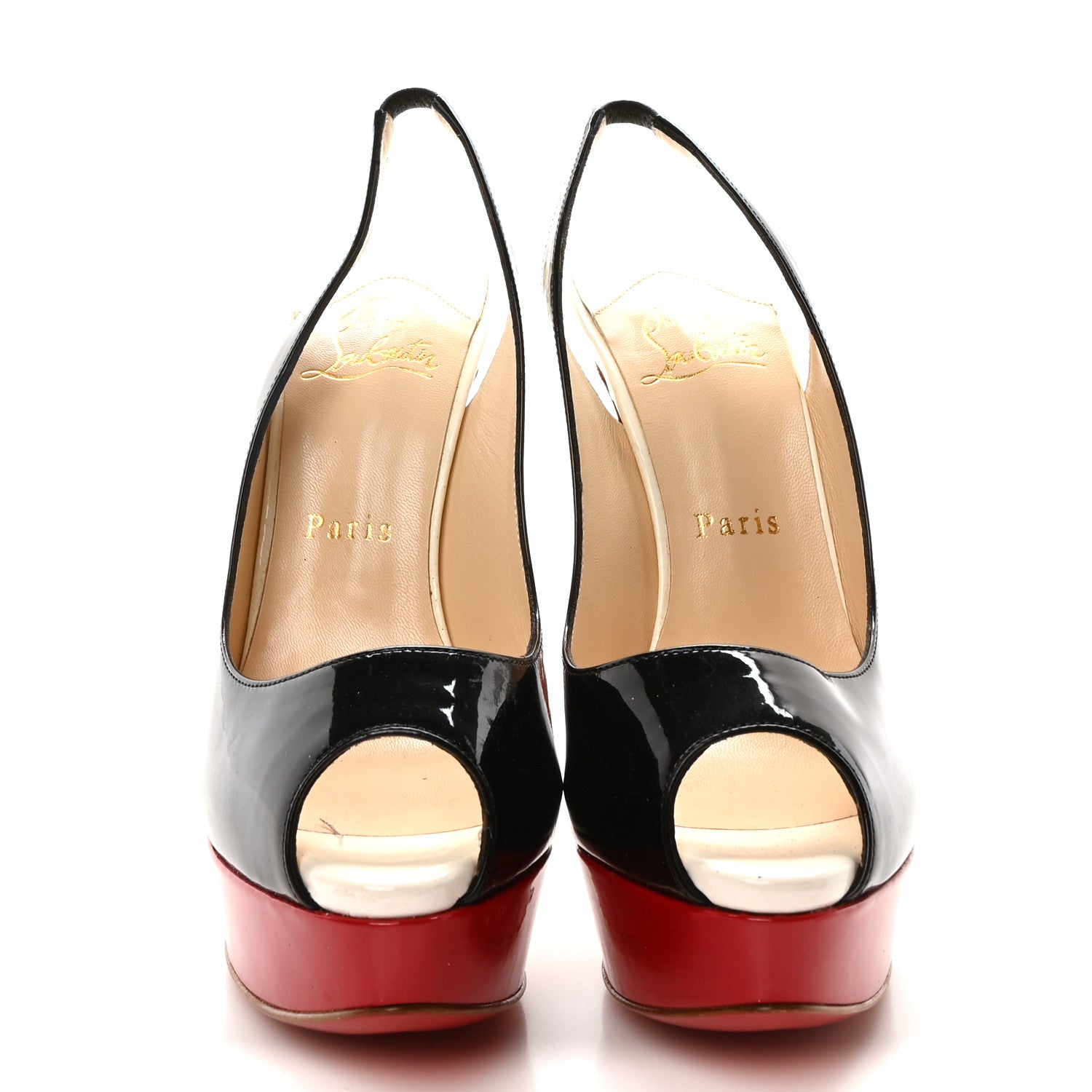 Christian Louboutin Patent Lady Peep Sling 150 Pumps 37 Black White 3 of 8