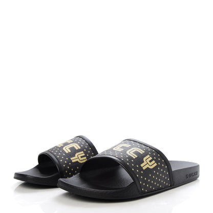 Gucci X SEGA Supreme Canvas GUCCY Stars Womens Slide Sandals 39 Black Gold 3 of 8