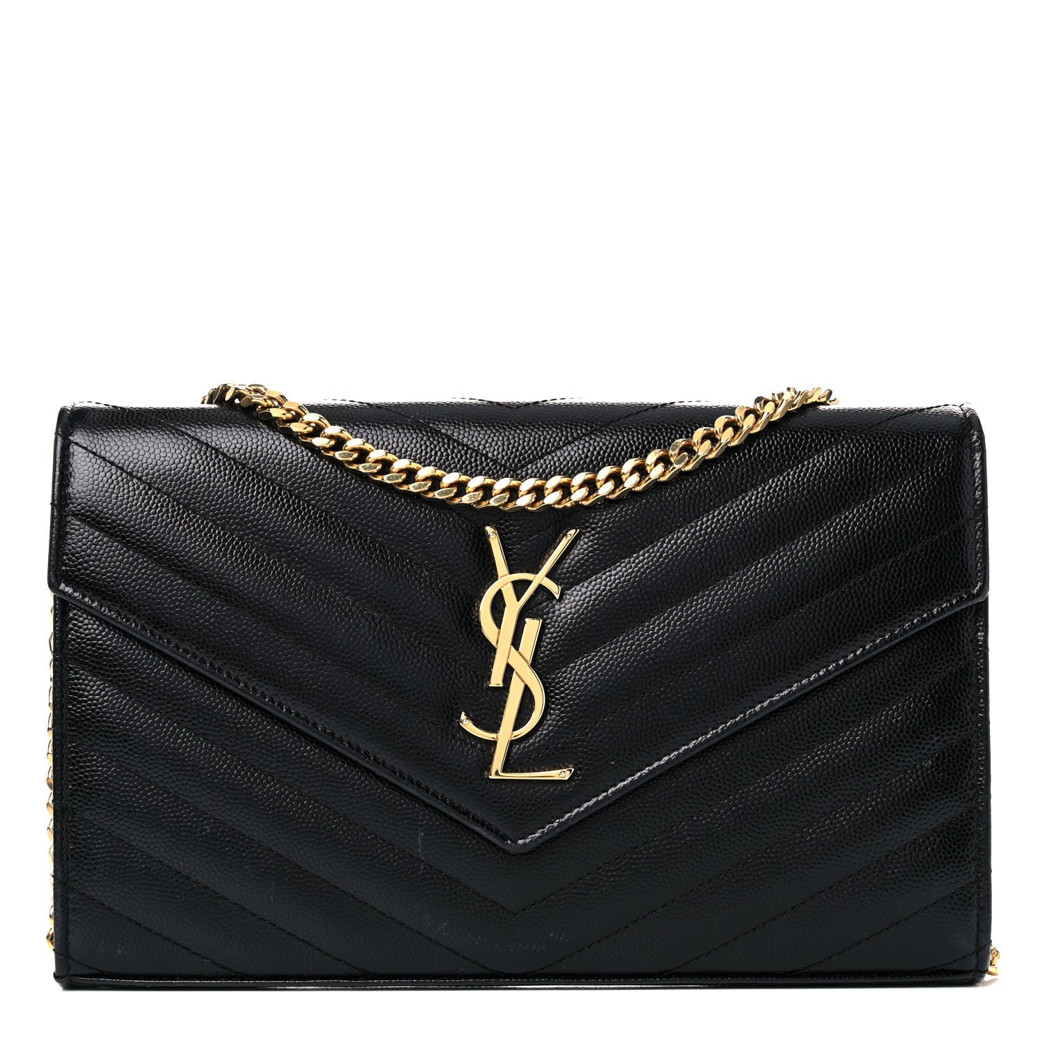 Saint Laurent Grain De Poudre Matelasse Chevron Monogram Chain Wallet Black 1 of 23