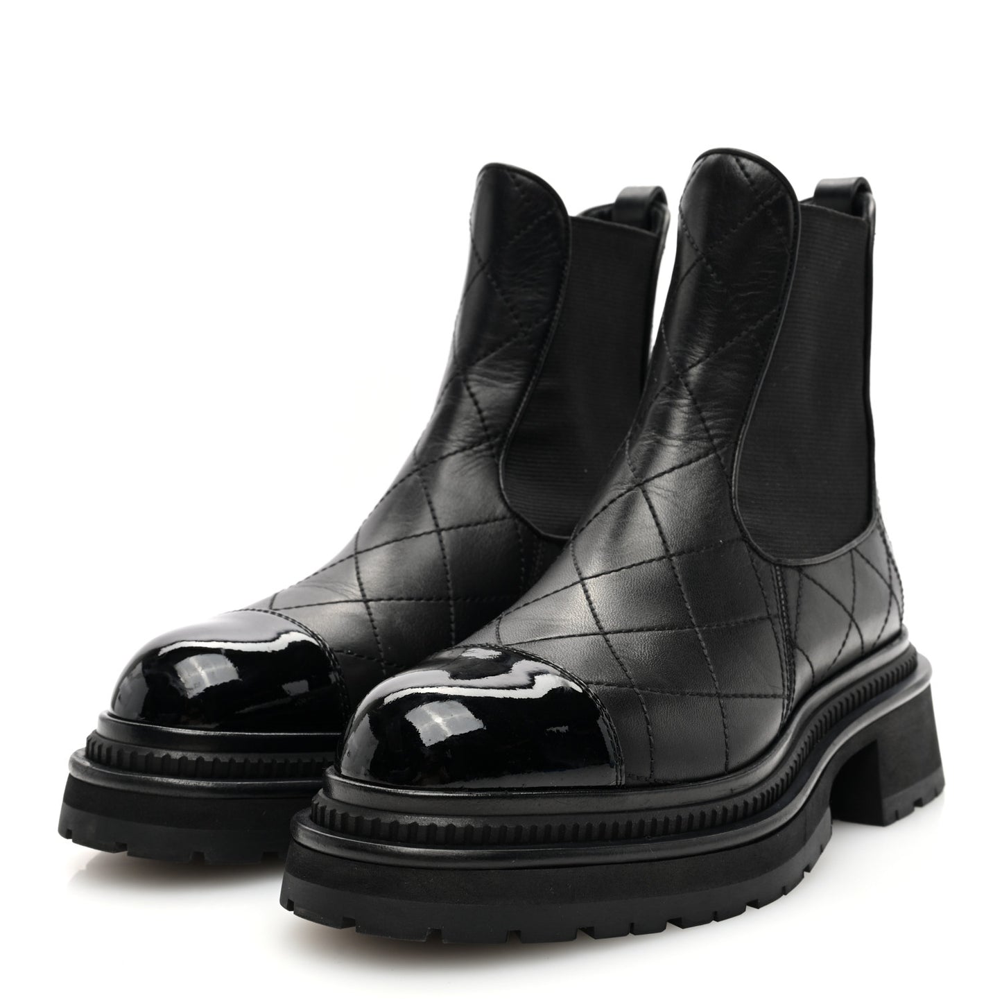Calfskin Patent Cap Toe Quilted Short Boots 35.5 Black