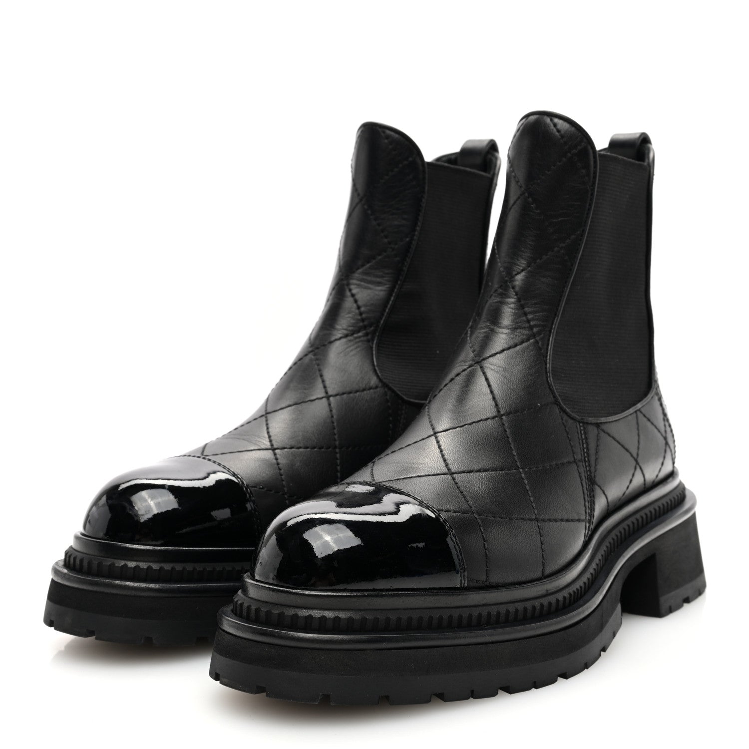Chanel Calfskin Patent Cap Toe Quilted Short Boots 35.5 Black 2 of 9