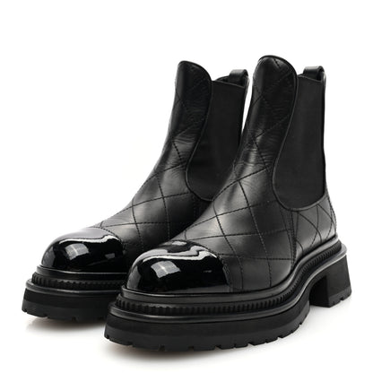 Chanel Calfskin Patent Cap Toe Quilted Short Boots 35.5 Black 2 of 9