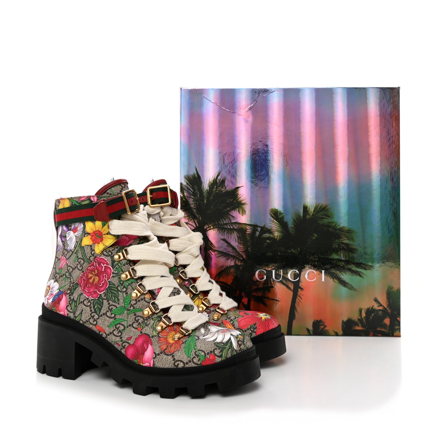 GG Supreme Monogram Flora Lace Up Combat Ankle Boots 38 Beige Multicolor Red