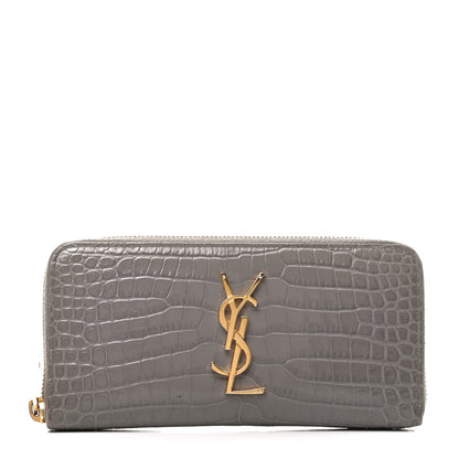 Saint Laurent Calfskin Crocodile Embossed Monogram Zip Around Wallet Gray 1 of 8