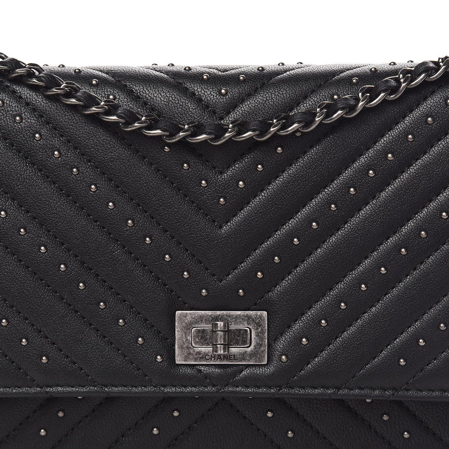 Sheepskin Chevron Quilted Studded Reissue Wallet On Chain WOC Black