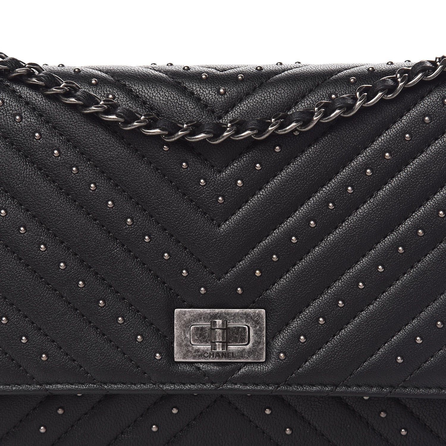 Chanel Sheepskin Chevron Quilted Studded Reissue Wallet On Chain WOC Black 11 of 14