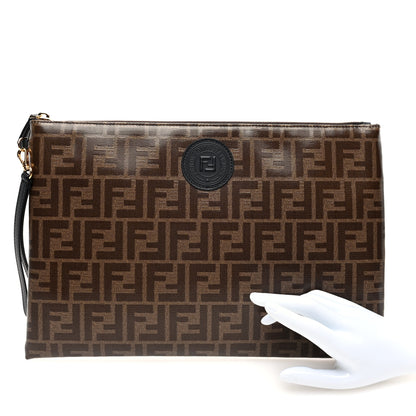 Fendi Glazed Fabric Vitello Century FF 1974 Stamp Patch Large Flat Pouch Mogano Panna Black 2 of 6