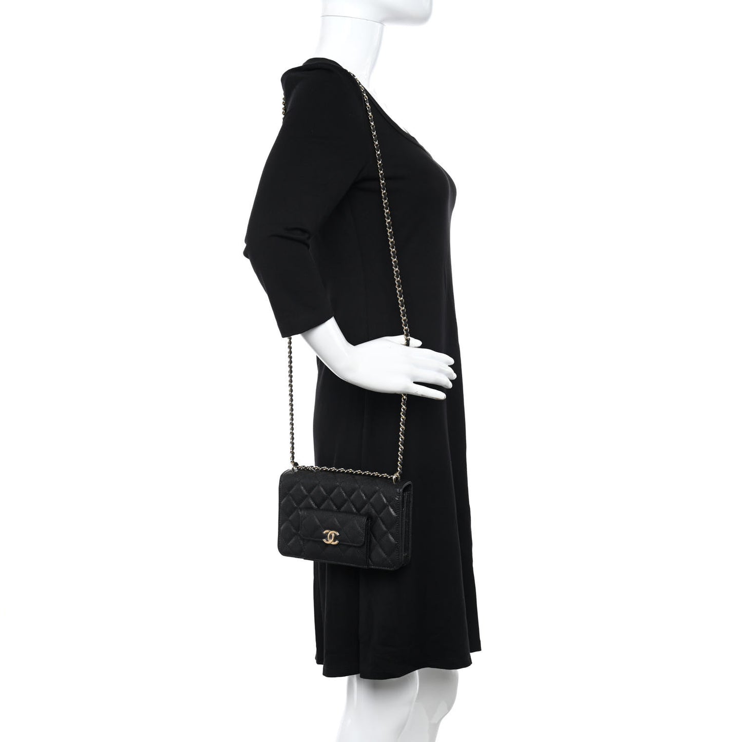 Caviar Quilted Pocket Twins Wallet On Chain WOC Black