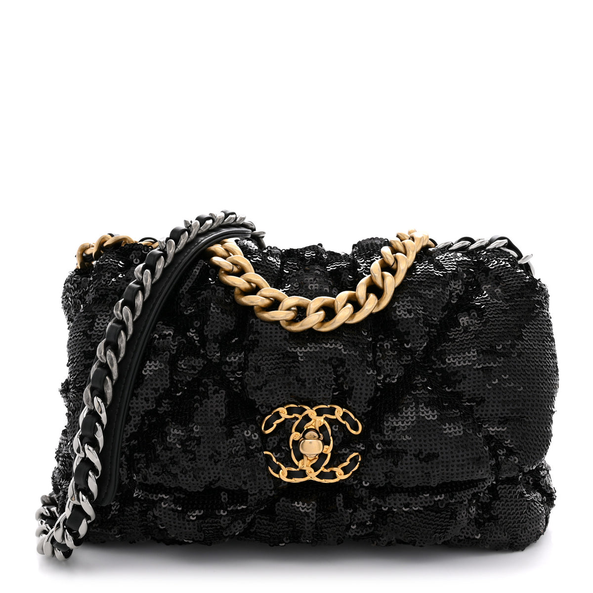 Sequin Quilted Medium Chanel 19 Flap Black