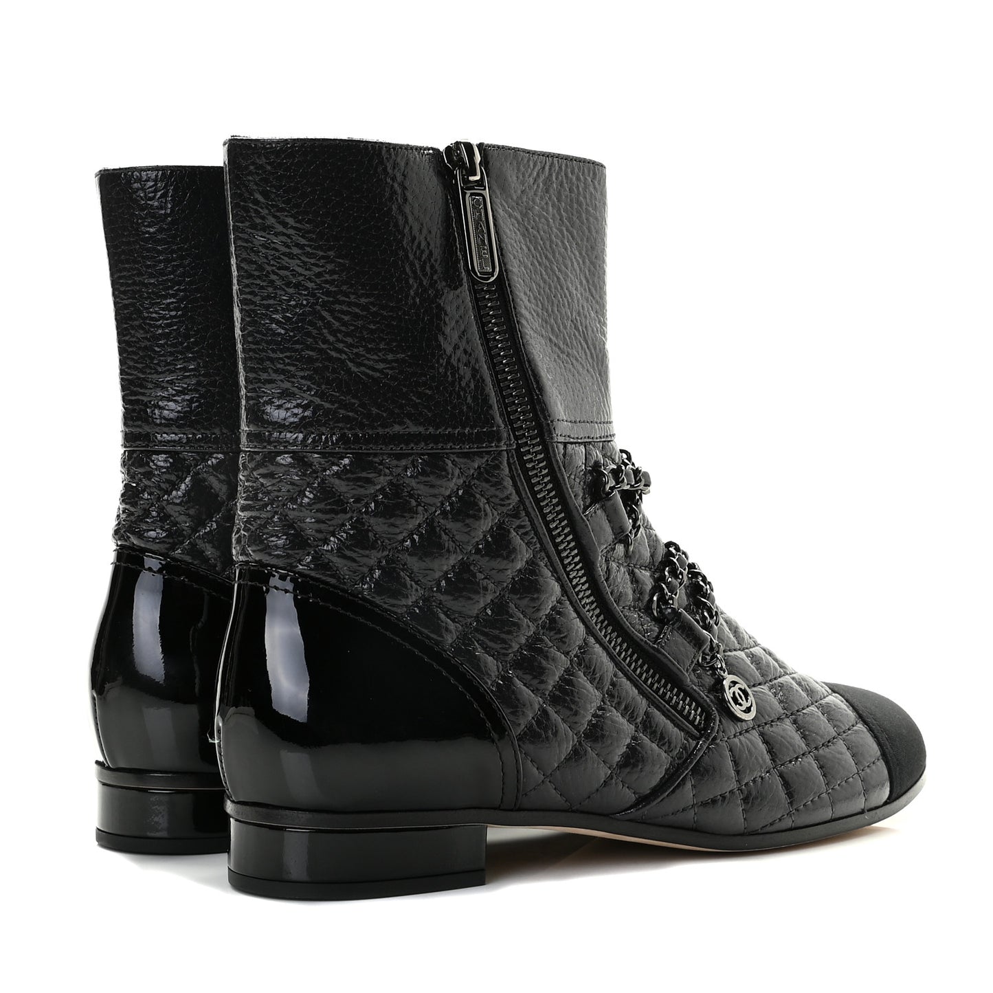 Glazed Deerskin Grosgrain Quilted Cap Toe Chain Boots 38.5 Grey Black