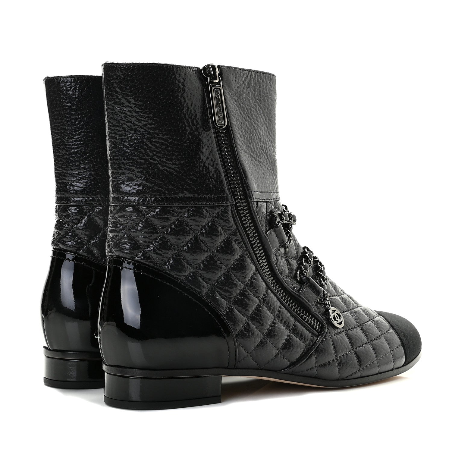 Chanel Glazed Deerskin Grosgrain Quilted Cap Toe Chain Boots 38.5 Grey Black 4 of 9