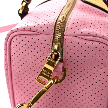 Prada Saffiano Perforated Striped Shoulder Bag Pink Yellow Black 12 of 15