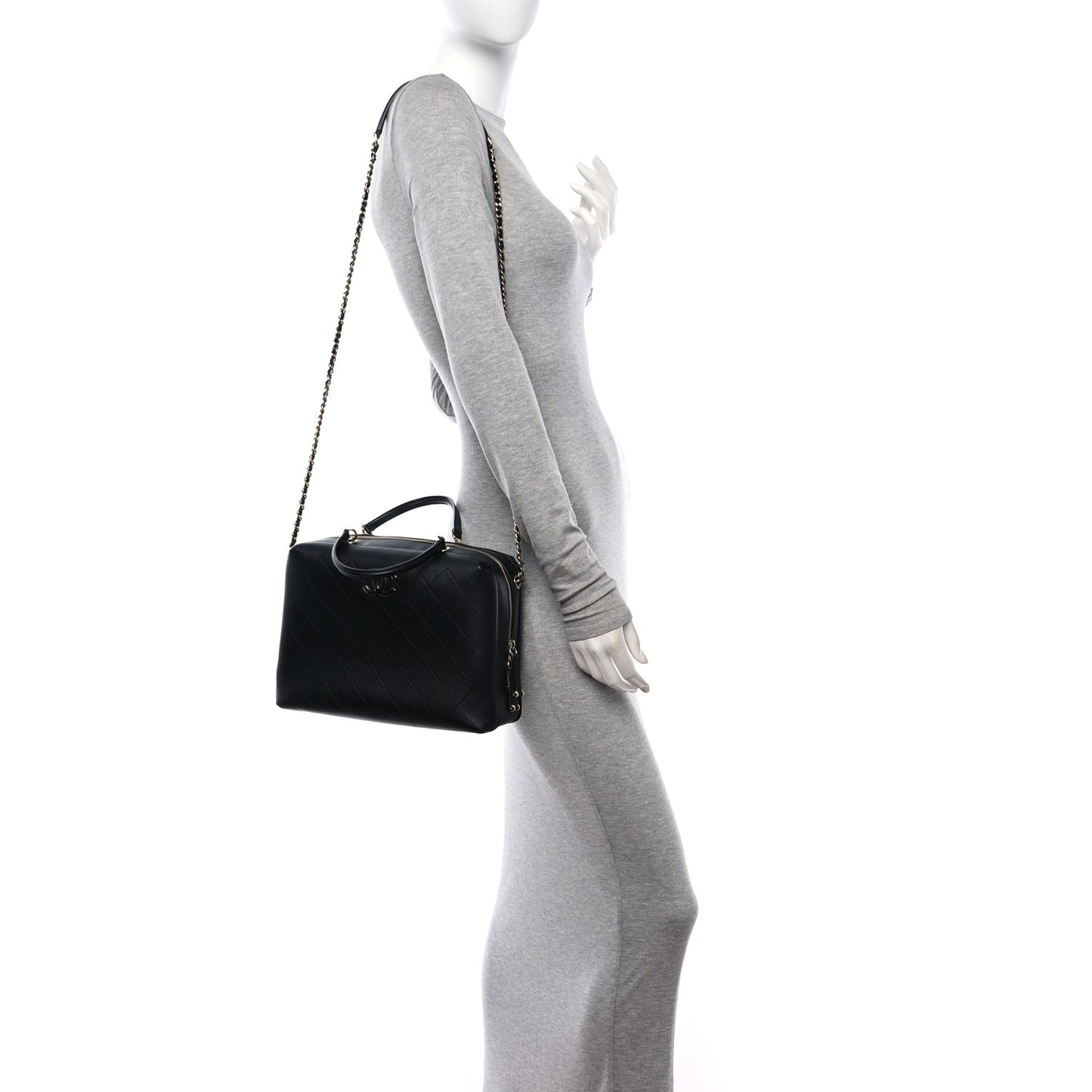 Calfskin Stitched Sleek Box Top Handle Vanity Bag Black