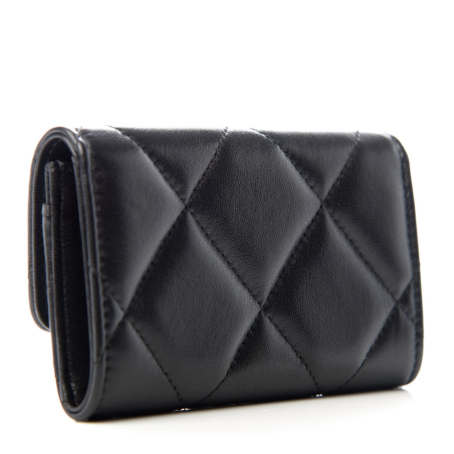 Shiny Goatskin Quilted Chanel 19 Flap Card Holder Black